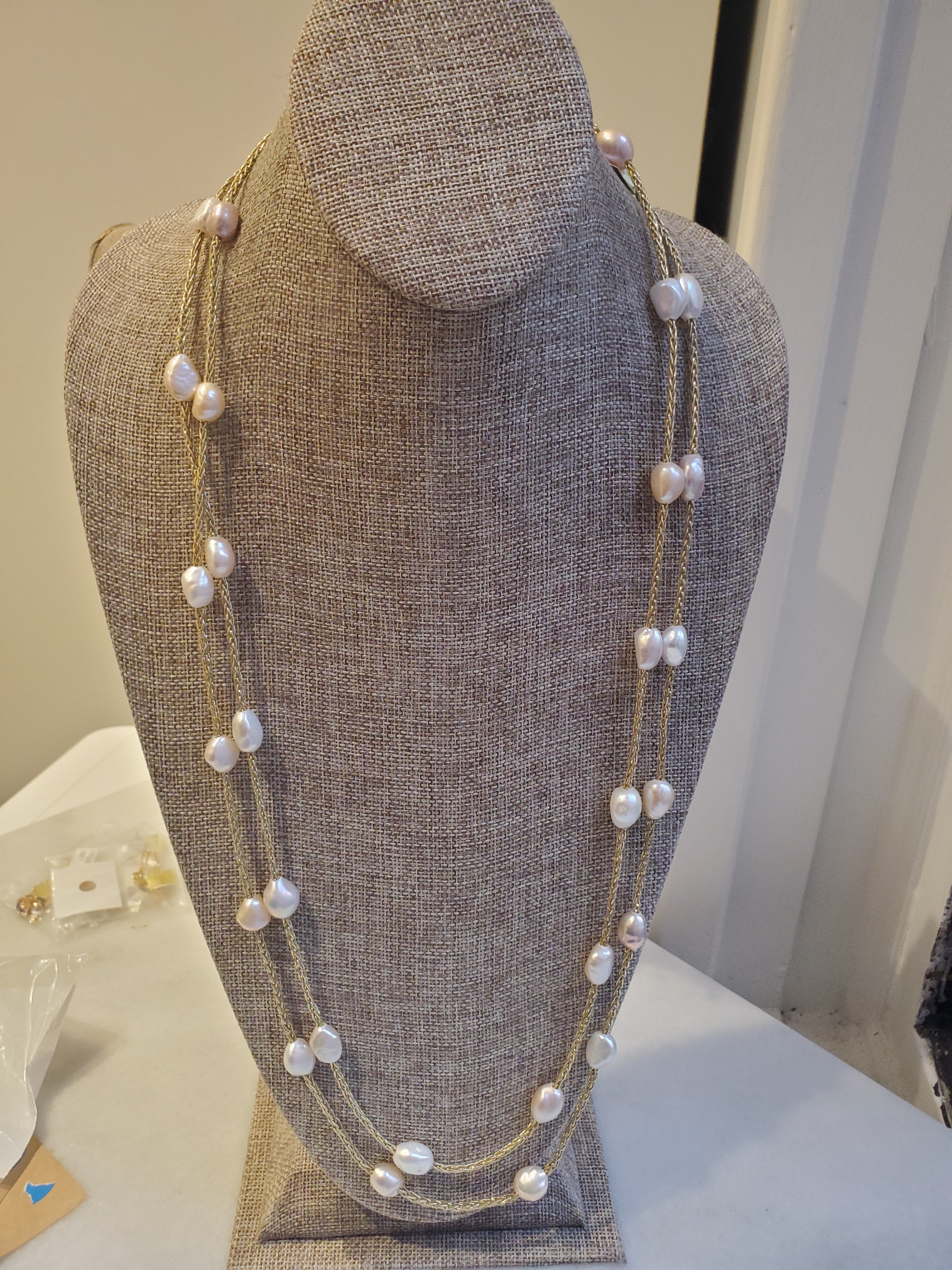Gold Fabric Necklace with Fresh Water Pearls