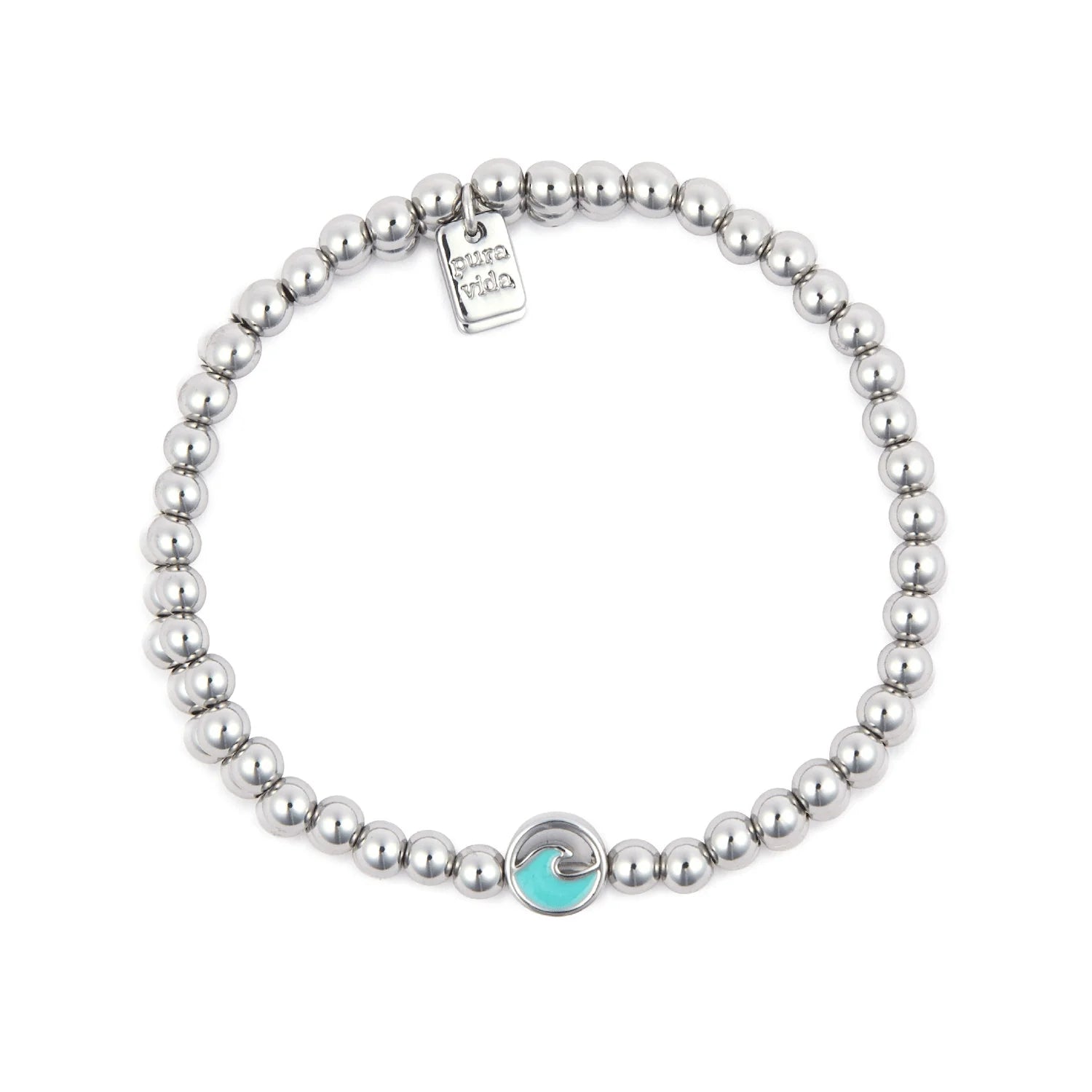 Pura Vida Enamel Wave Ball Bead Stretch Bracelet in Silver