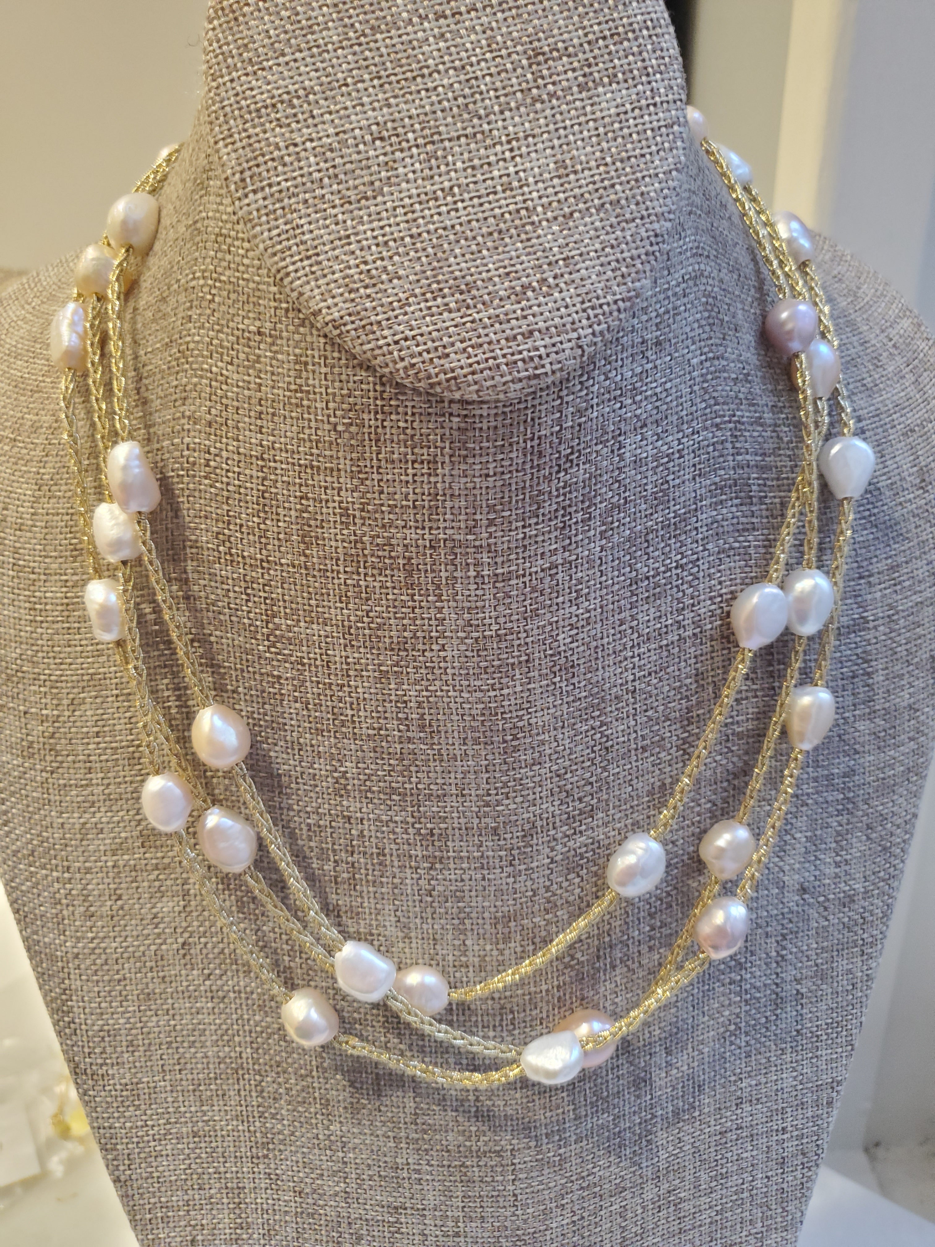 Gold Fabric Necklace with Fresh Water Pearls