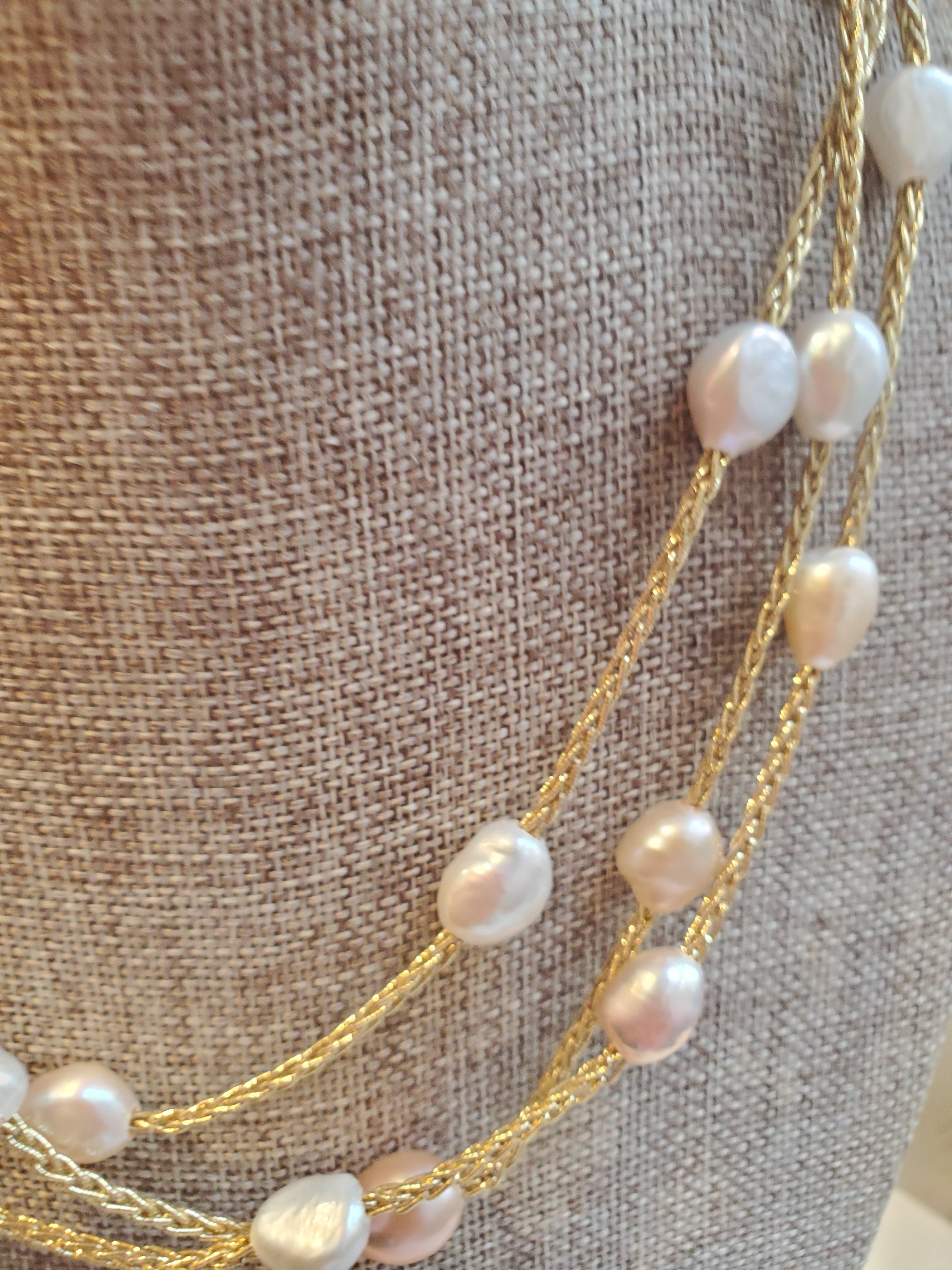Gold Fabric Necklace with Fresh Water Pearls