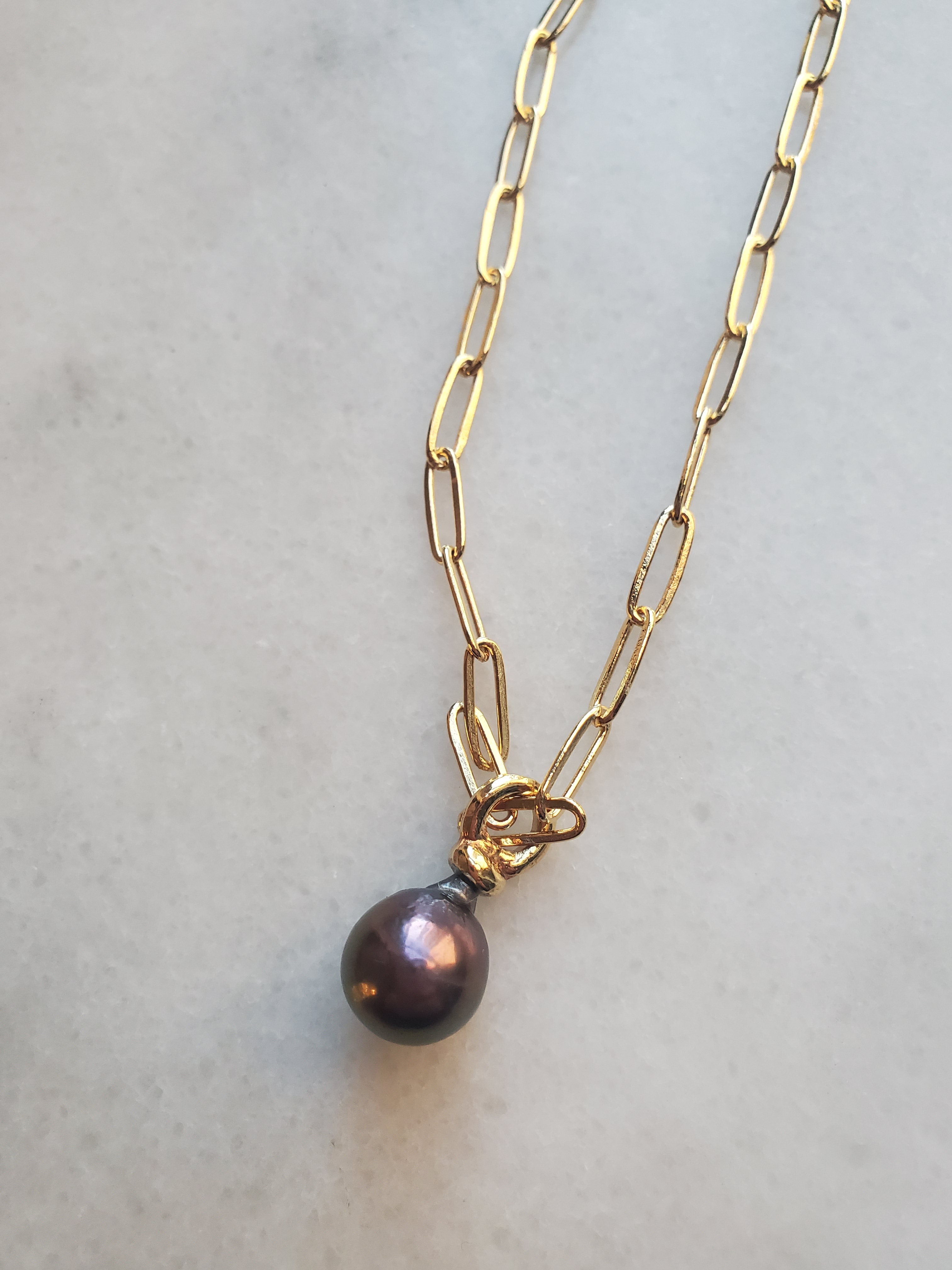 Velatti Gold Paperclip Chain Necklace with Pearl Pendent