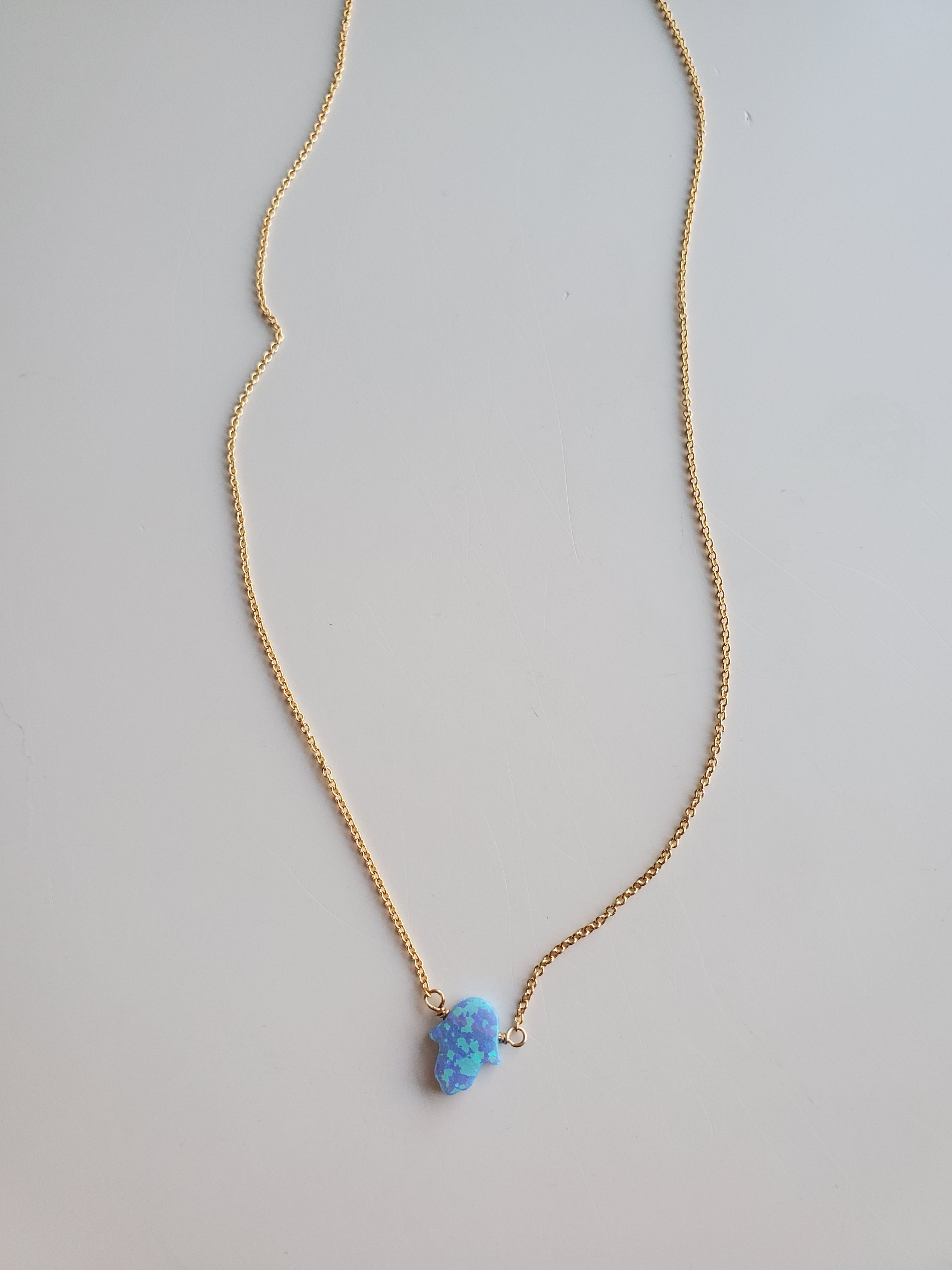 Small Light Blue Hamsa Gold Necklace